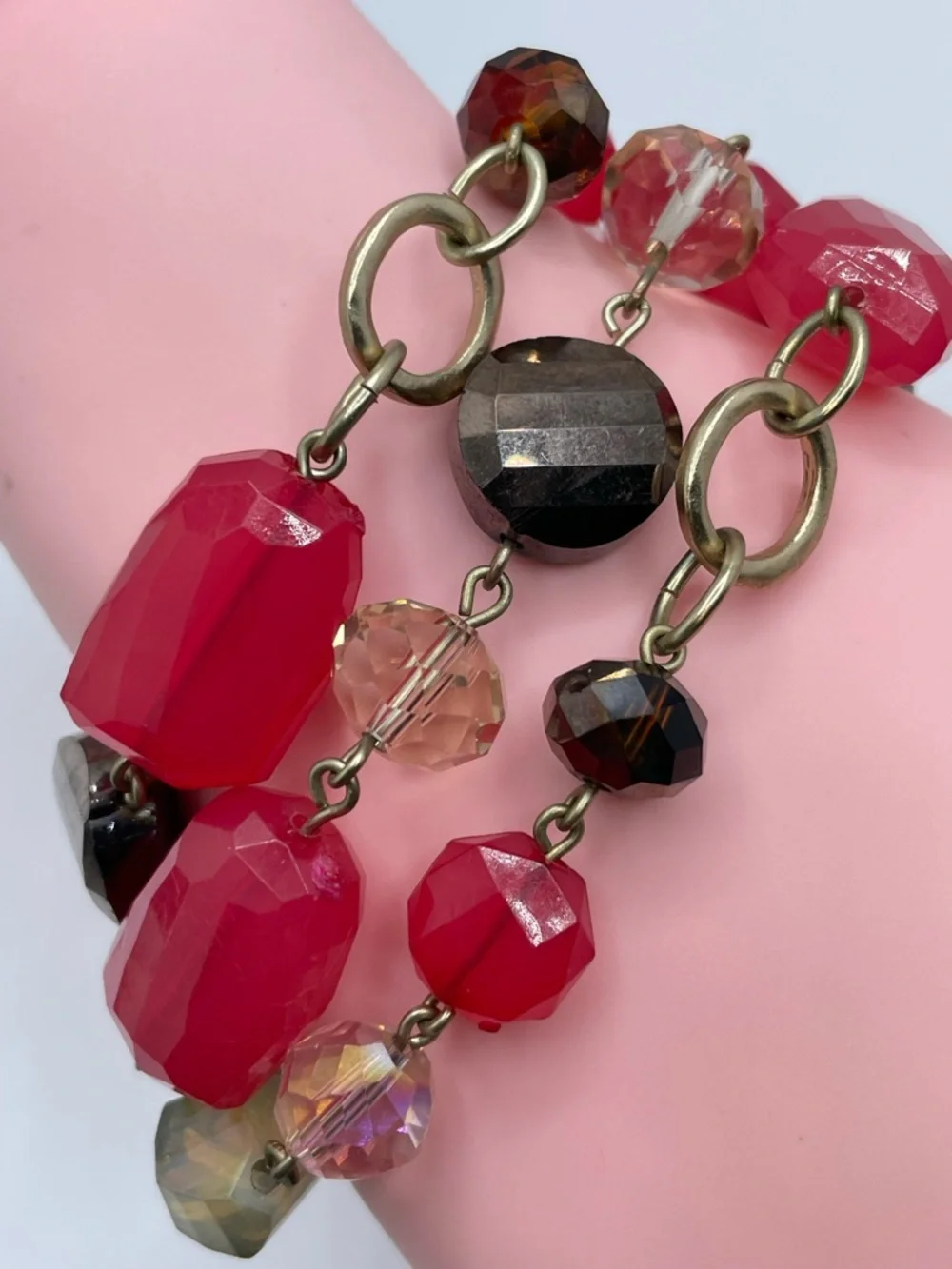 WHBM White House Black Market Pink Lucite Glass Bead Multi Strand Gold Bracelet